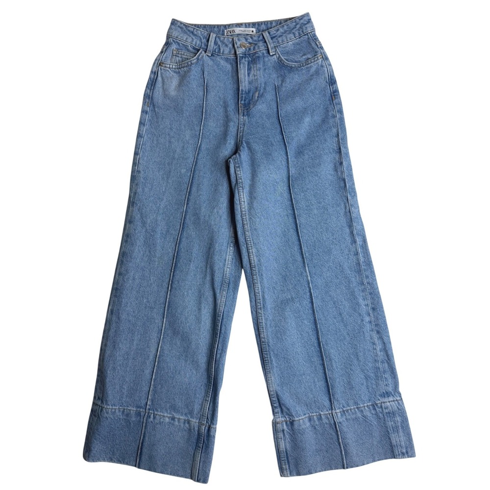 Zara High Rise Wide Leg Front Seam Denim Blue Womens 0